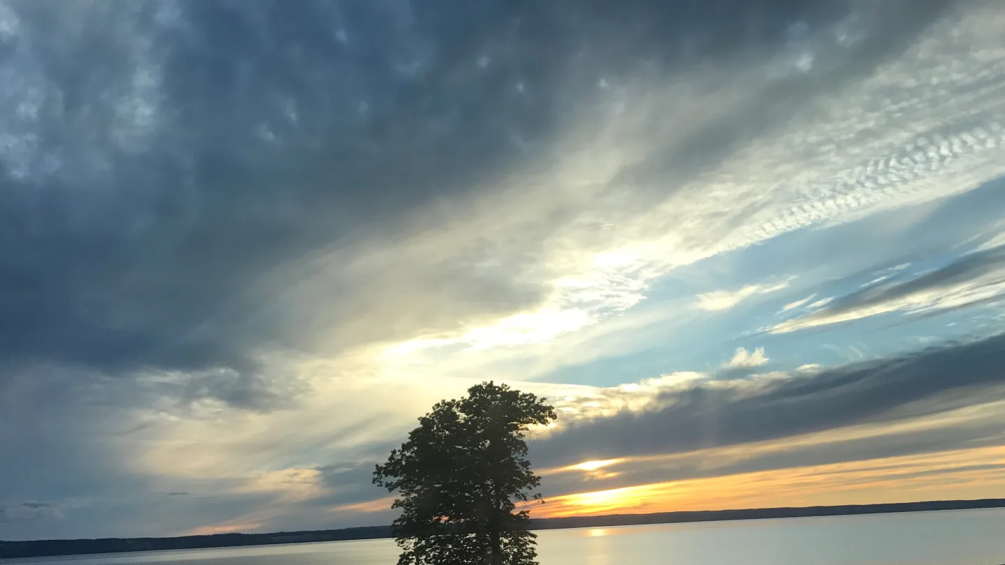 Atardecer de verano sobre un lago rodeado de árboles en Suecia